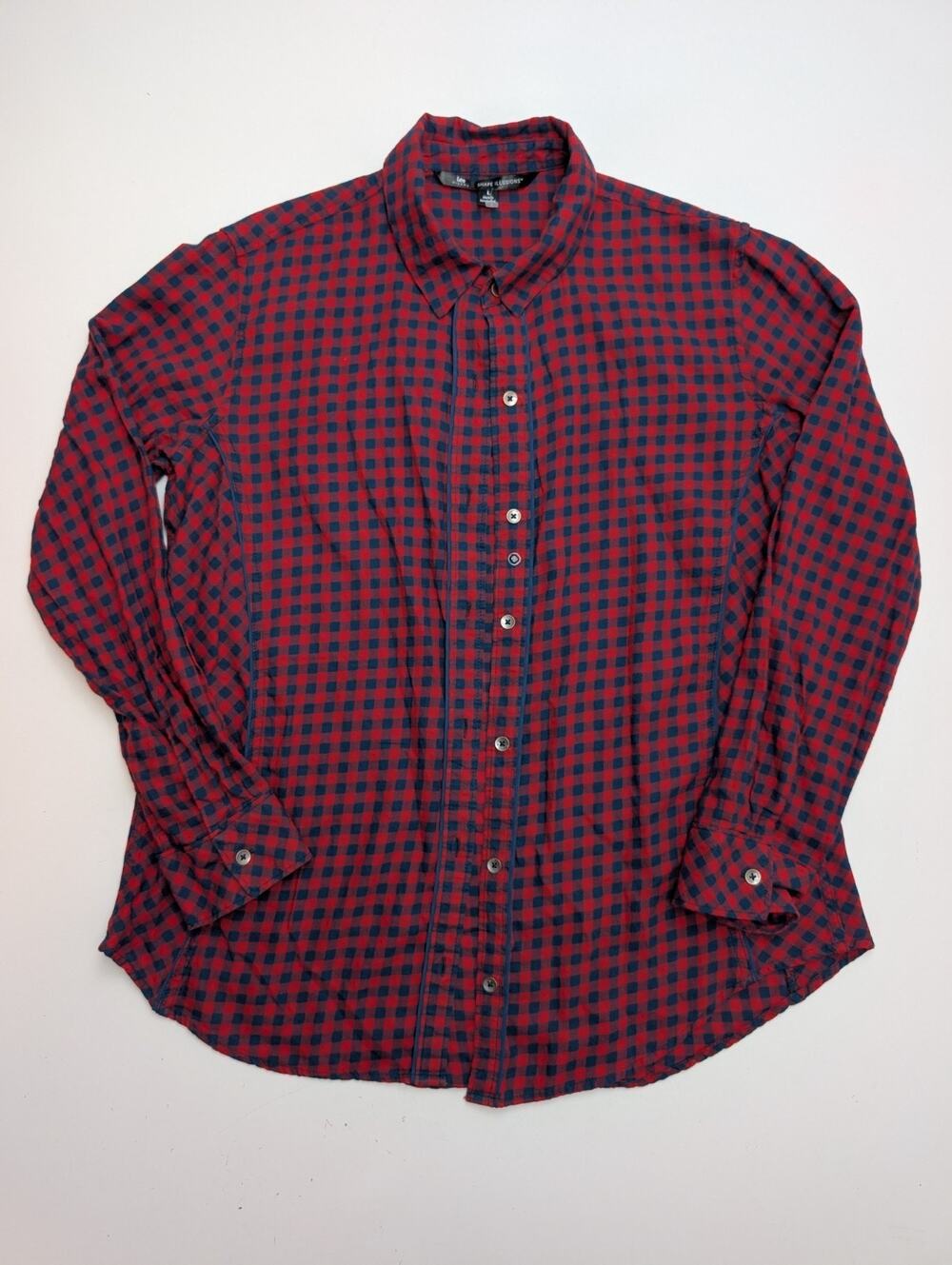 Lee Riders Button Up Shirt Women’s Large Red Blue Gingham Plaid Long Sleeves Top